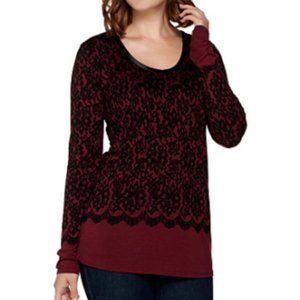 Kelly Clinton Kelly Printed Lace Jersey Scoop Top Satin Trim Wine M NEW